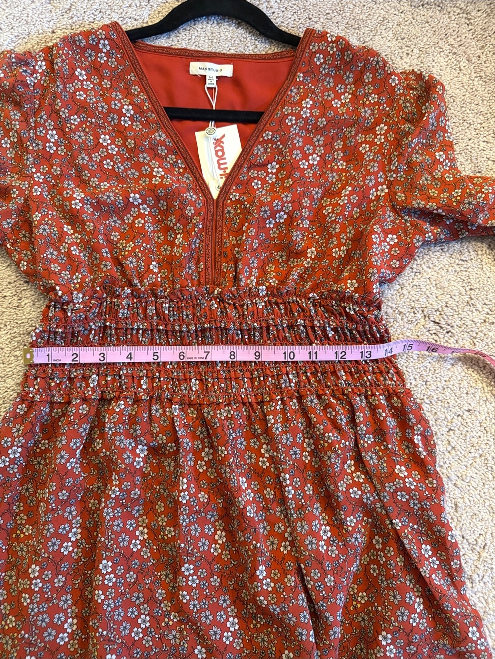 Max Studios Red Floral V-Neck Smocked Waist Mini Dress - Picture 13 of 16